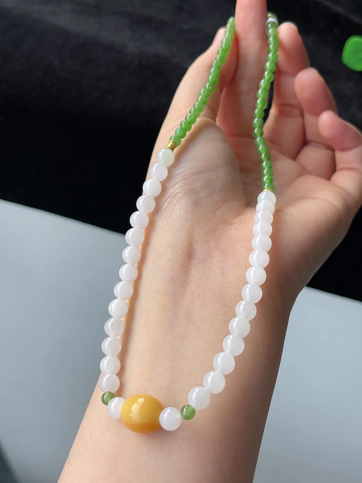 S925和田玉碧玉4mm+白玉6mm蜜蜡双圈手串