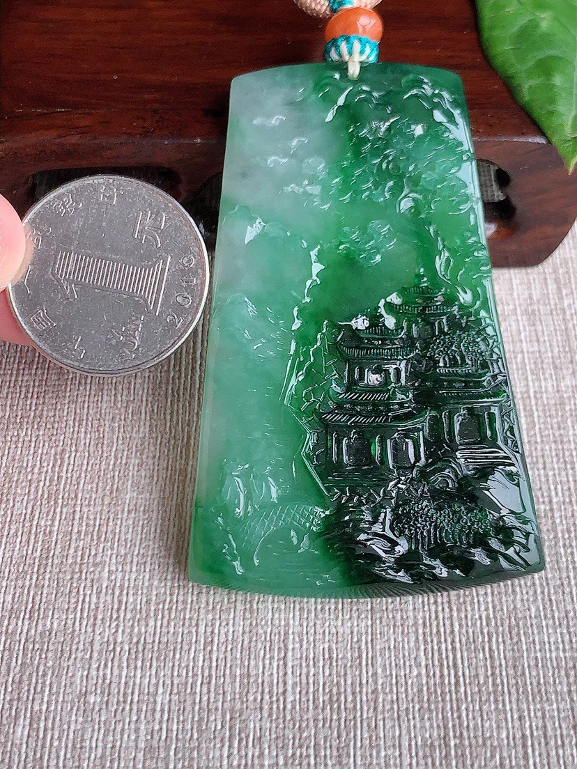 缅甸a货翡翠ddj老坑冰种飘绿意境山水牌吊坠 整体68×42×5.8mm 42.27