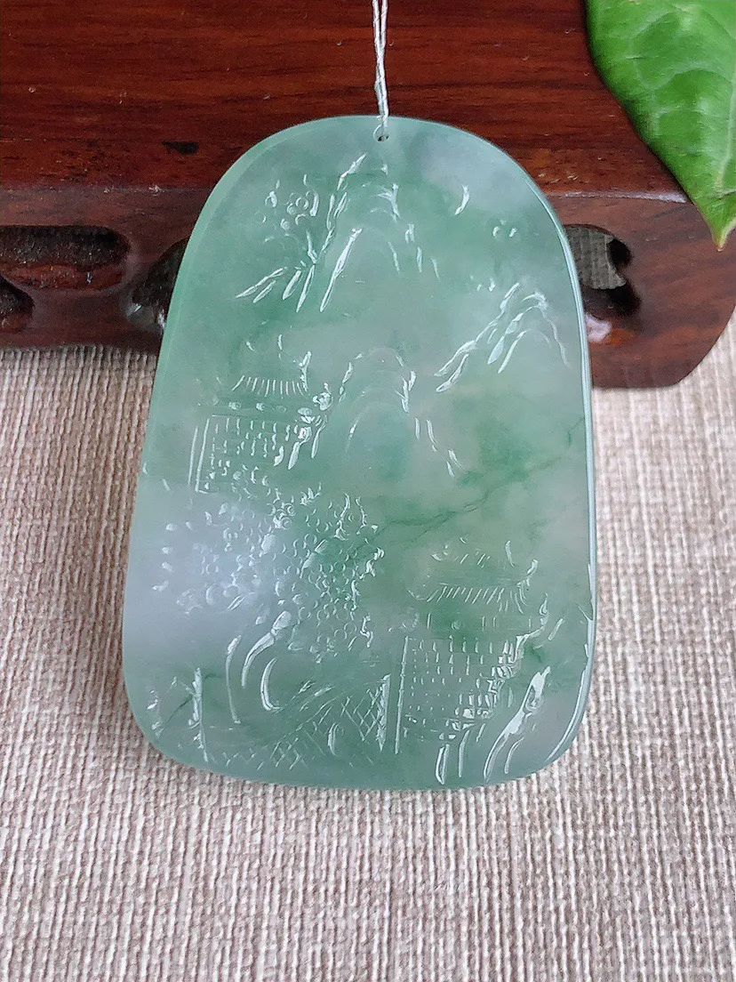 缅甸a货翡翠ddj老坑冰种飘花意境山水牌吊坠 整体55.3×37.6×5.7mm 30.55