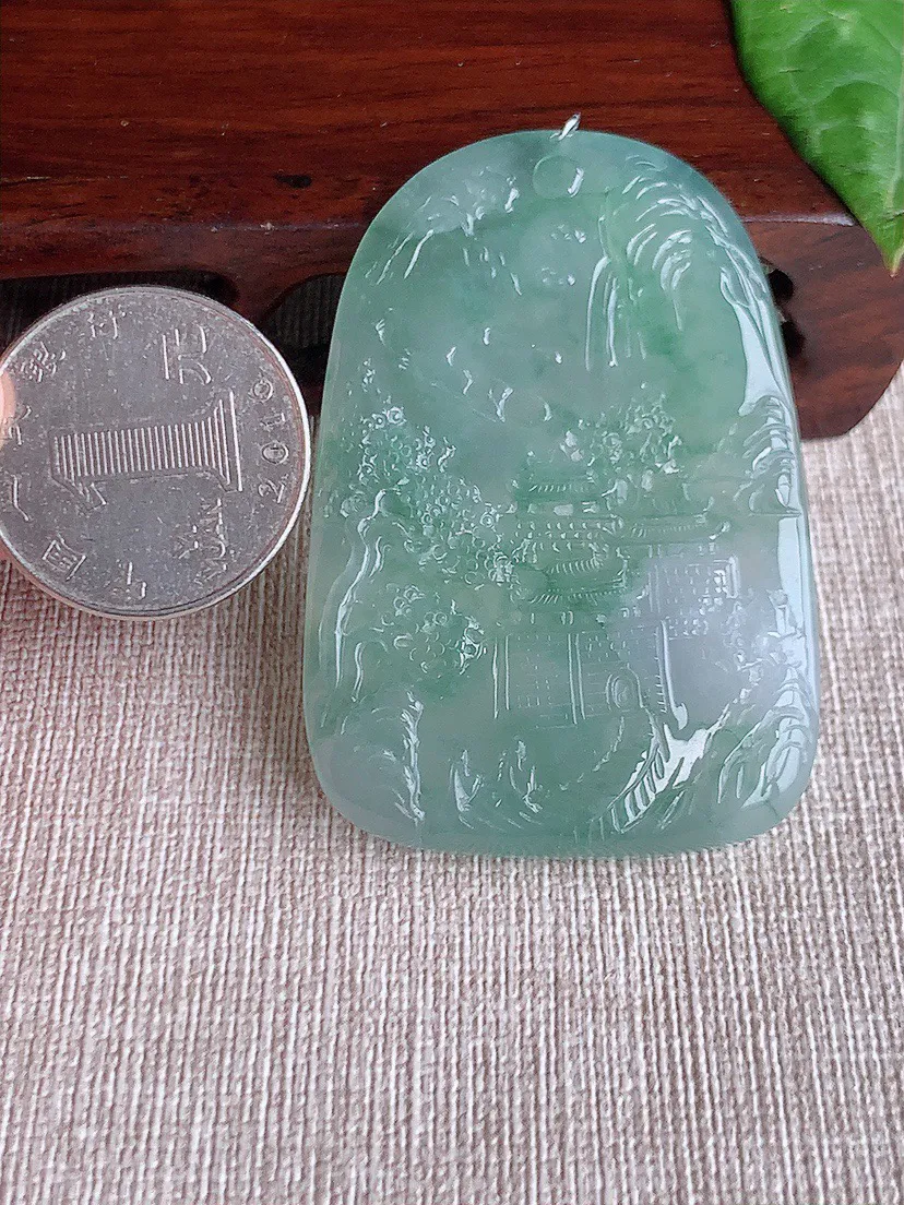 缅甸a货翡翠ddj老坑冰种飘花意境山水牌吊坠 整体55.3×37.6×5.7mm 30.55