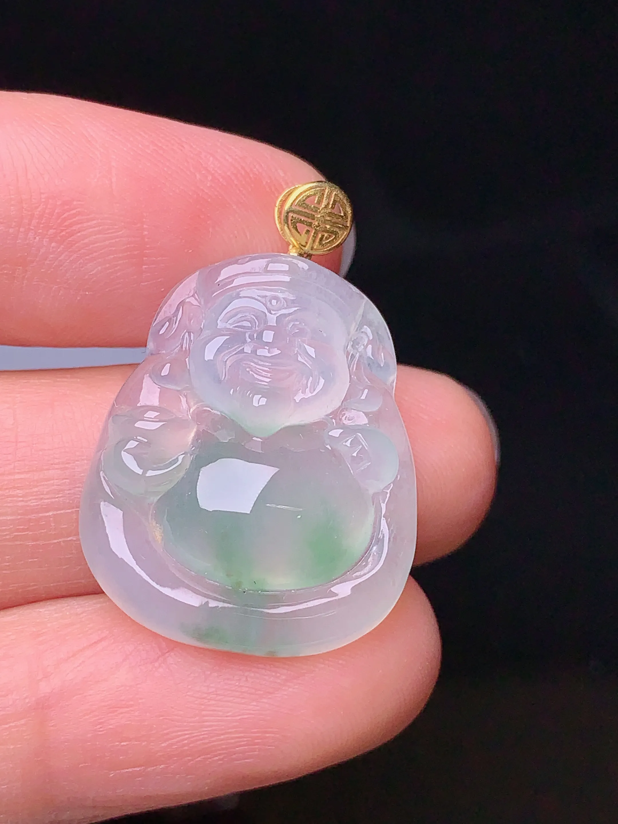18k金镶嵌冰种财神吊坠 玉质细腻 色泽清新艳丽 整体尺寸28.8*19.3*5.3