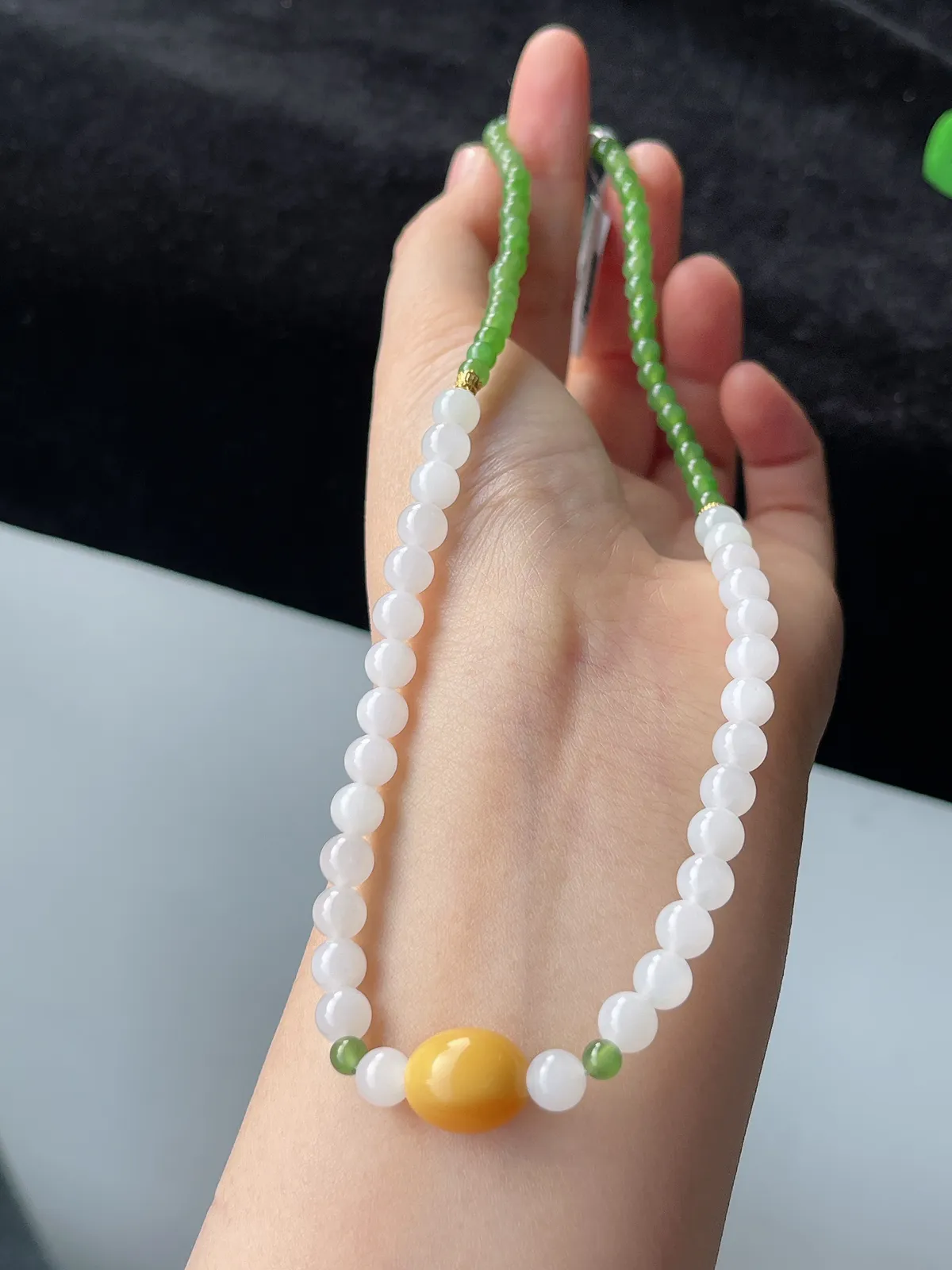 S925和田玉碧玉4mm+白玉6mm蜜蜡双圈手串
