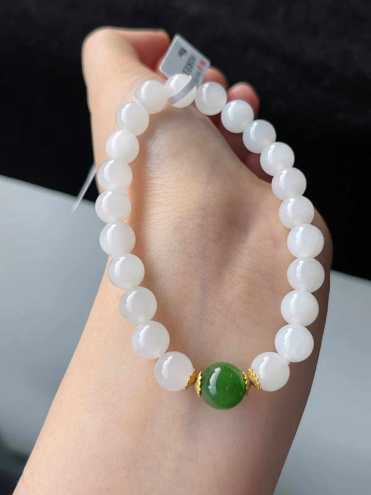 和田玉白玉手串8mm，搭配10mm和田碧玉