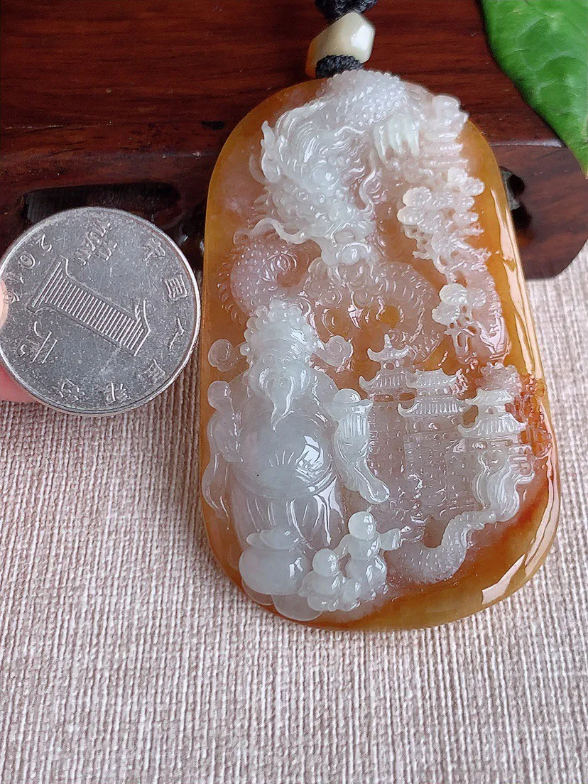 缅甸a货翡翠ddj老坑冰种黄翡财神爷吊坠 整体61.6×41×8.2mm 40.63