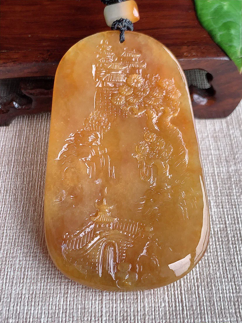 缅甸a货翡翠ddj老坑冰种黄翡财神爷吊坠 整体61.6×41×8.2mm 40.63