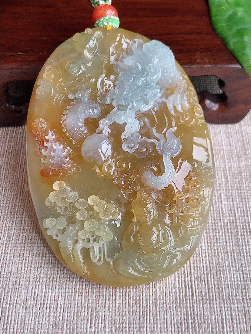 缅甸a货翡翠ddj老坑冰种黄翡龙牌神龙护主吊坠  整体68.6×49.3×16mm 86.68