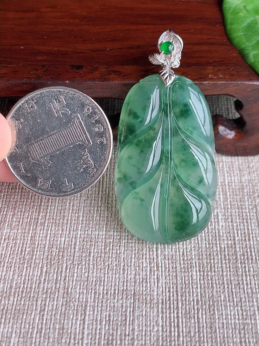 缅甸a货翡翠ddj老坑冰种18K金镶嵌飘花叶子金枝玉叶吊坠 整体48×38×23.4×4.8mm 10.33