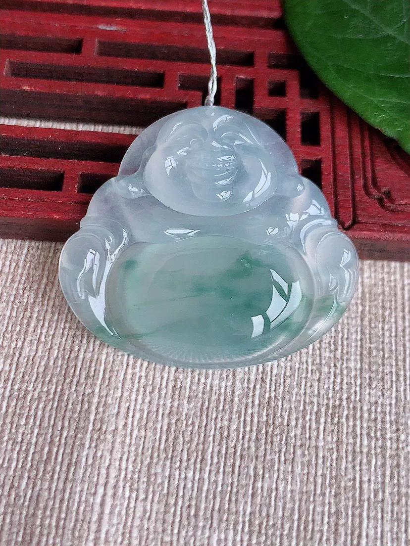 缅甸a货翡翠ddj老坑冰种飘花佛公吊坠 整体32.5×36×6mm 10.64