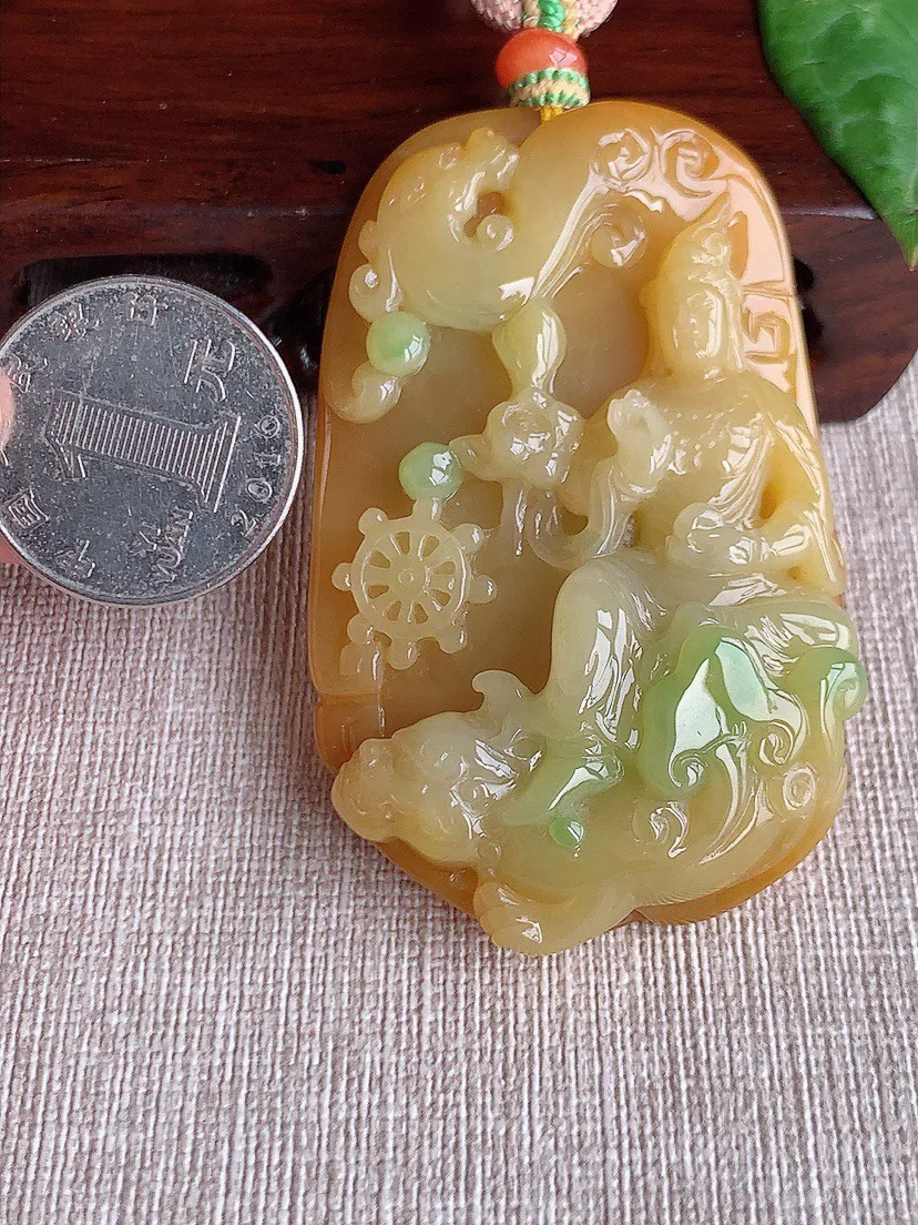 缅甸a货翡翠ddj老坑冰种黄加绿双彩文殊菩萨吊坠 整体60.2×45.3×16.7mm 65.34