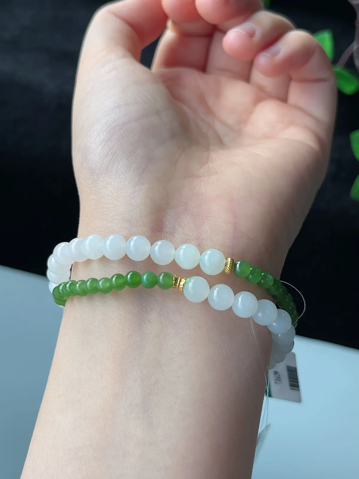S925和田玉碧玉4mm+白玉6mm蜜蜡双圈手串