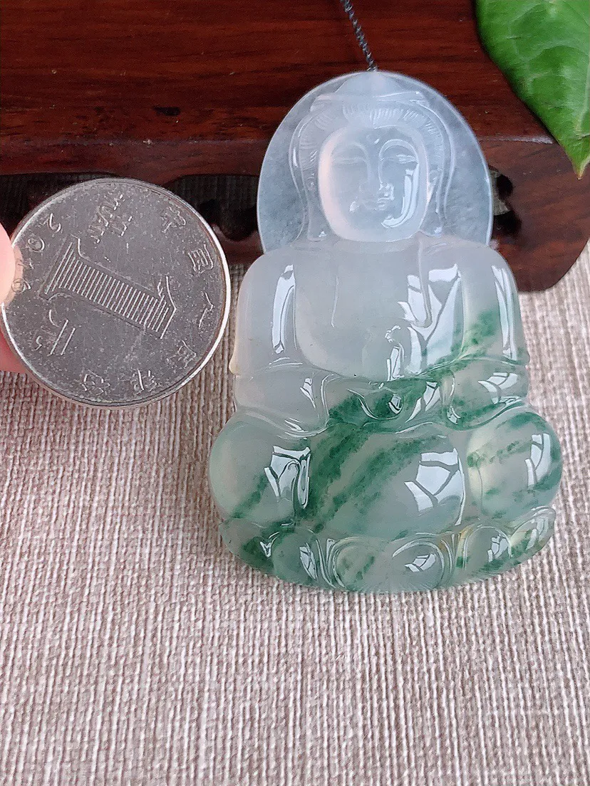 缅甸a货翡翠ddj老坑冰种飘花正装观音吊坠 整体57.6×37.4×6.4mm 22.44