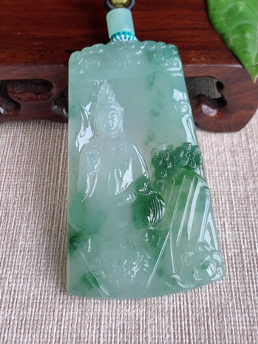 缅甸a货翡翠ddj老坑冰种飘花文殊菩萨吊坠 整体62.2×35.8×5.6mm 32.70