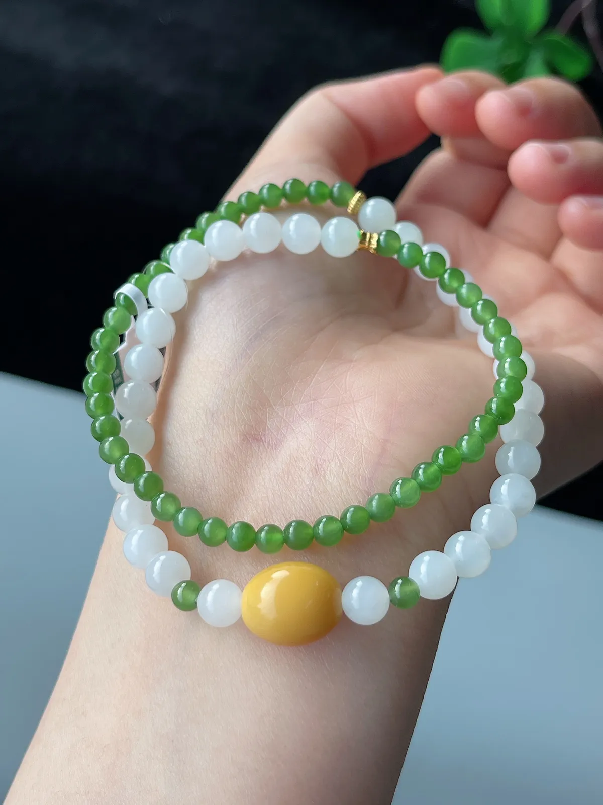 S925和田玉碧玉4mm+白玉6mm蜜蜡双圈手串
