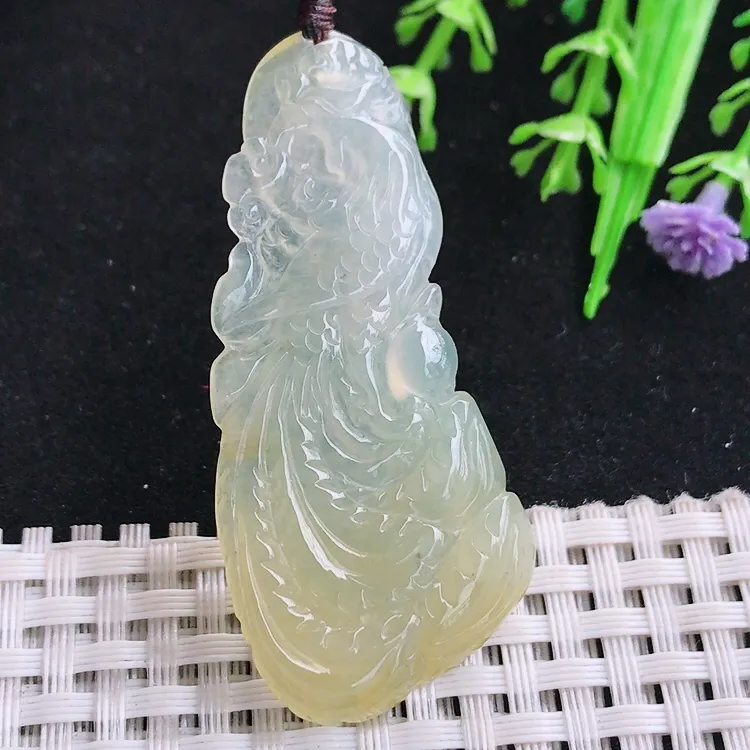 自然光老坑冰胶水灵黄翡凤牌吊坠尺寸55/25/5.2