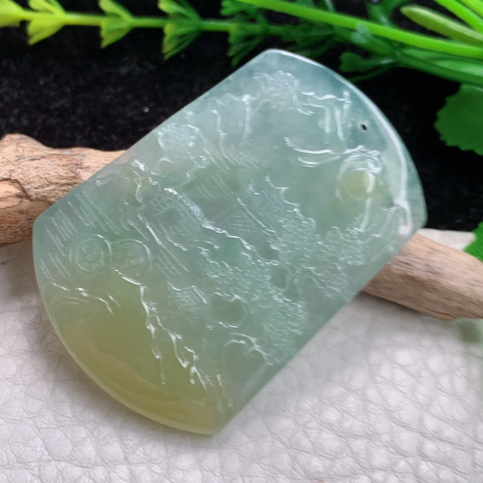 ktj实拍49.8*35.2*5.1缅甸翡翠A货冰胶双彩山水 大好河山玉坠 玉挂件