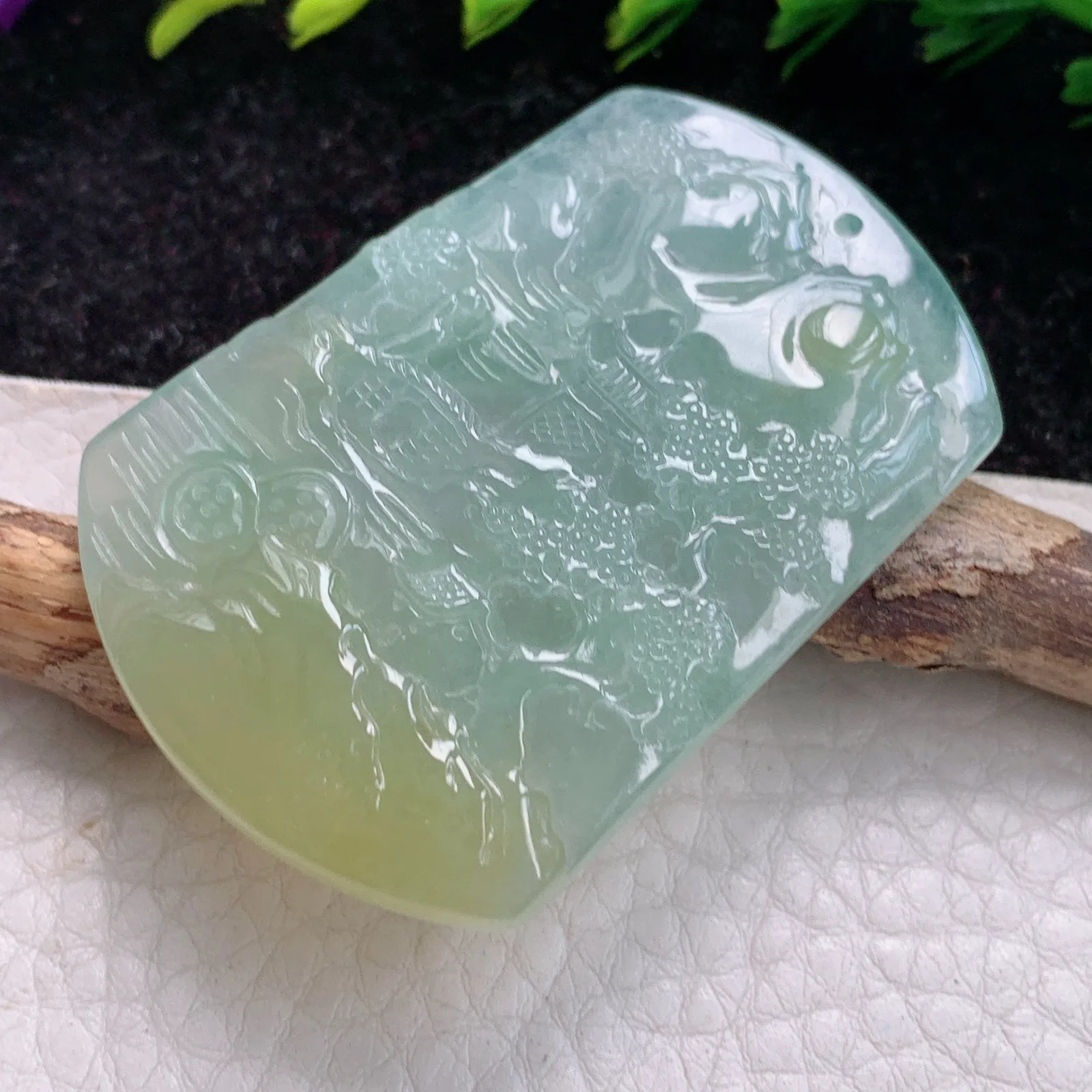 ktj实拍49.8*35.2*5.1缅甸翡翠A货冰胶双彩山水 大好河山玉坠 玉挂件