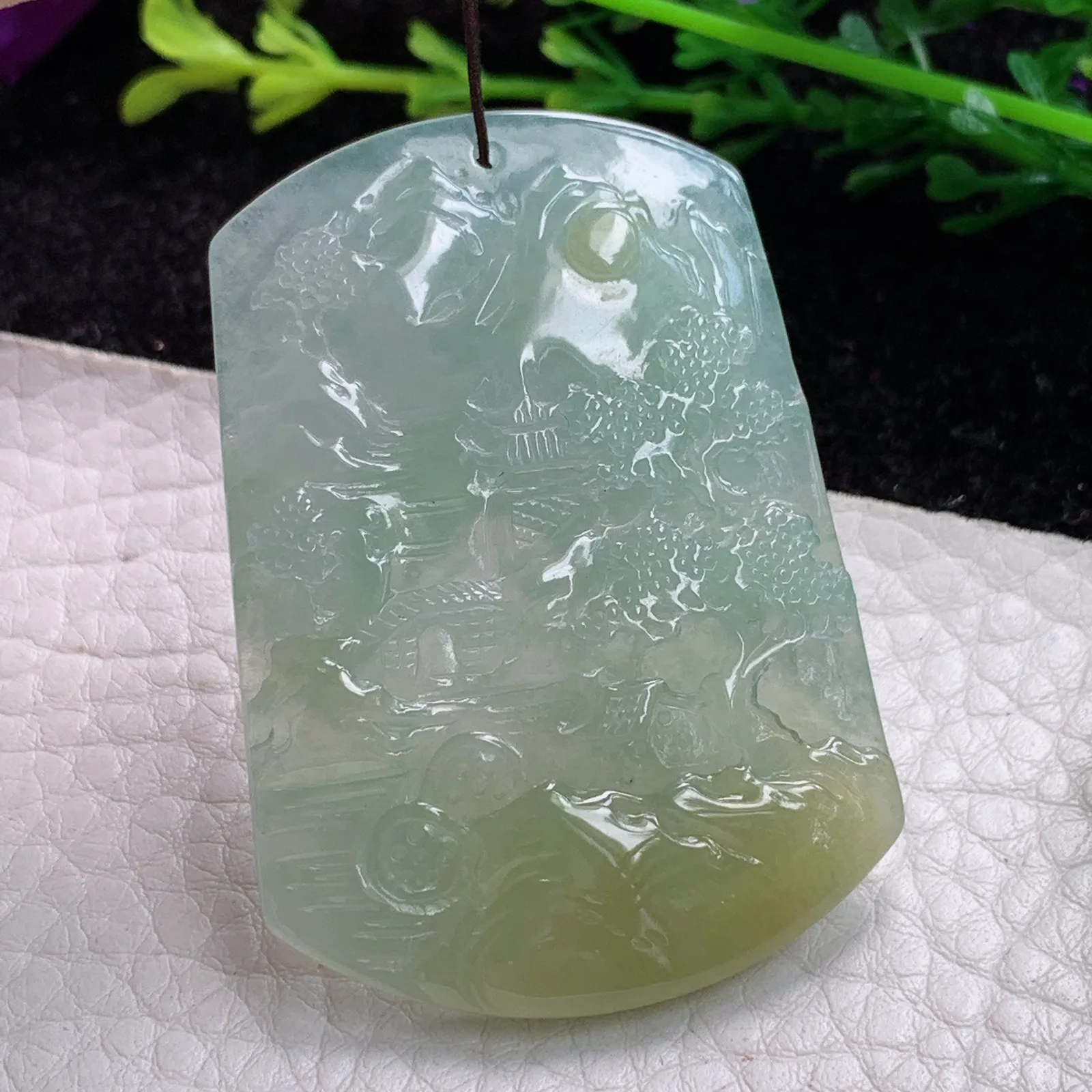 ktj实拍49.8*35.2*5.1缅甸翡翠A货冰胶双彩山水 大好河山玉坠 玉挂件