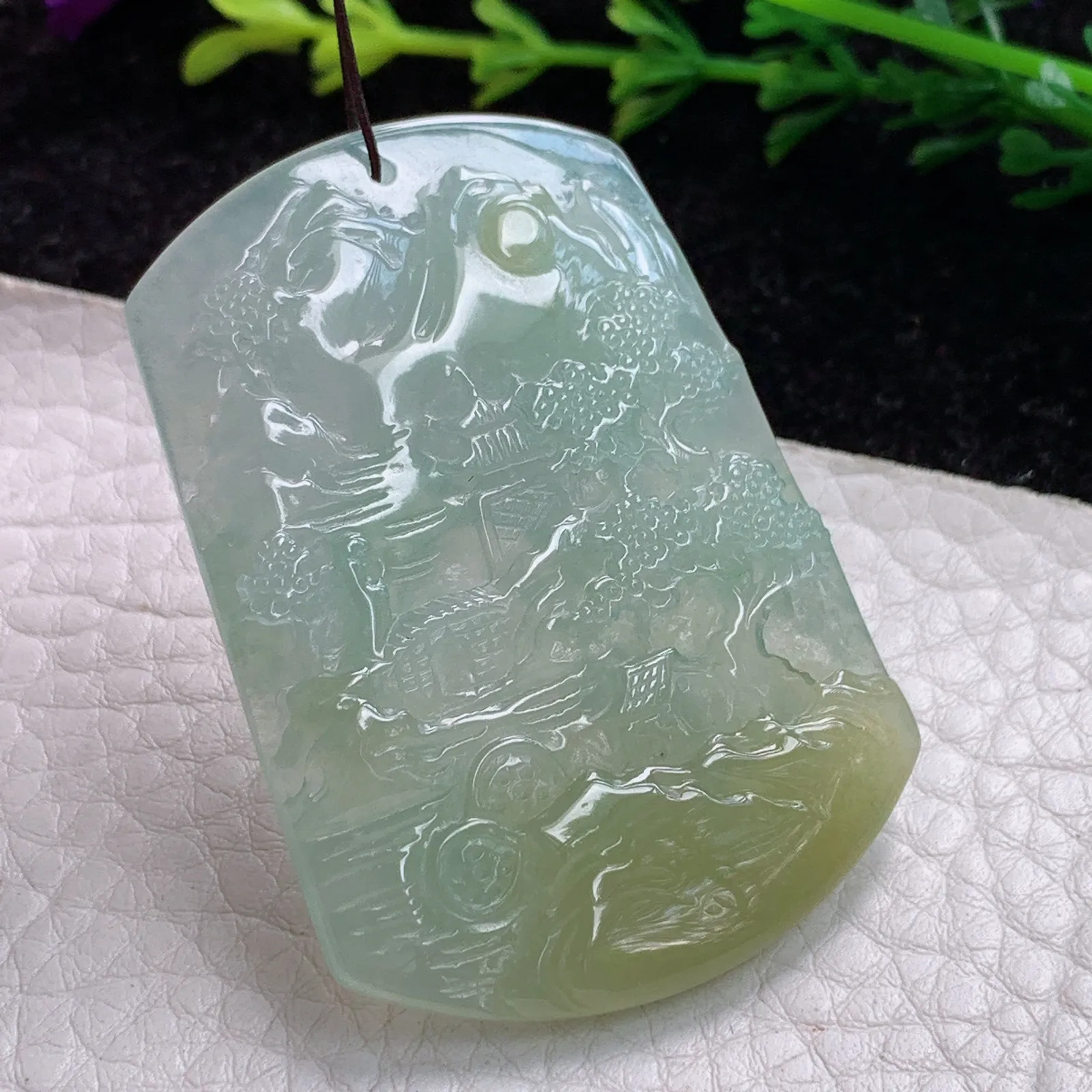 ktj实拍49.8*35.2*5.1缅甸翡翠A货冰胶双彩山水 大好河山玉坠 玉挂件