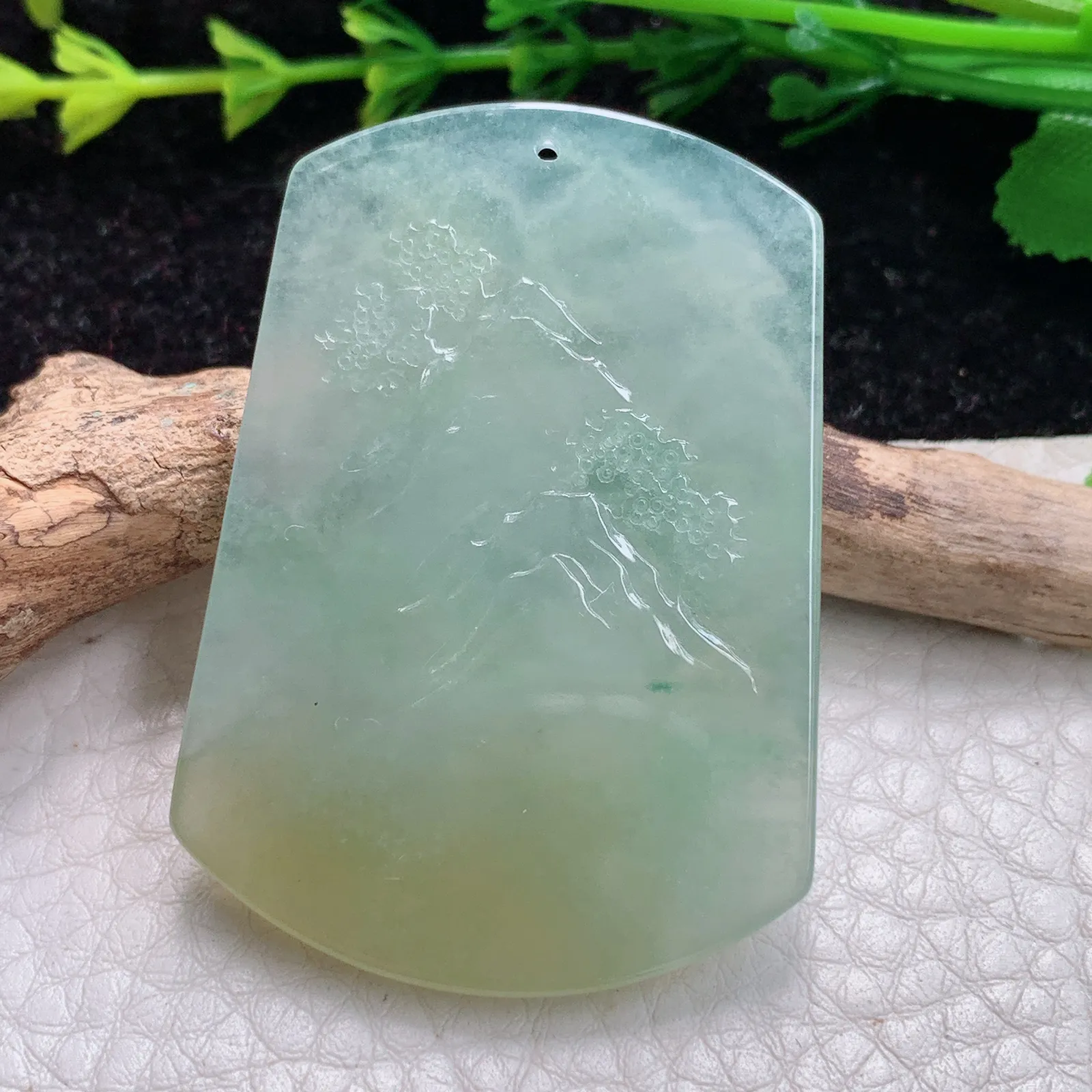 ktj实拍49.8*35.2*5.1缅甸翡翠A货冰胶双彩山水 大好河山玉坠 玉挂件