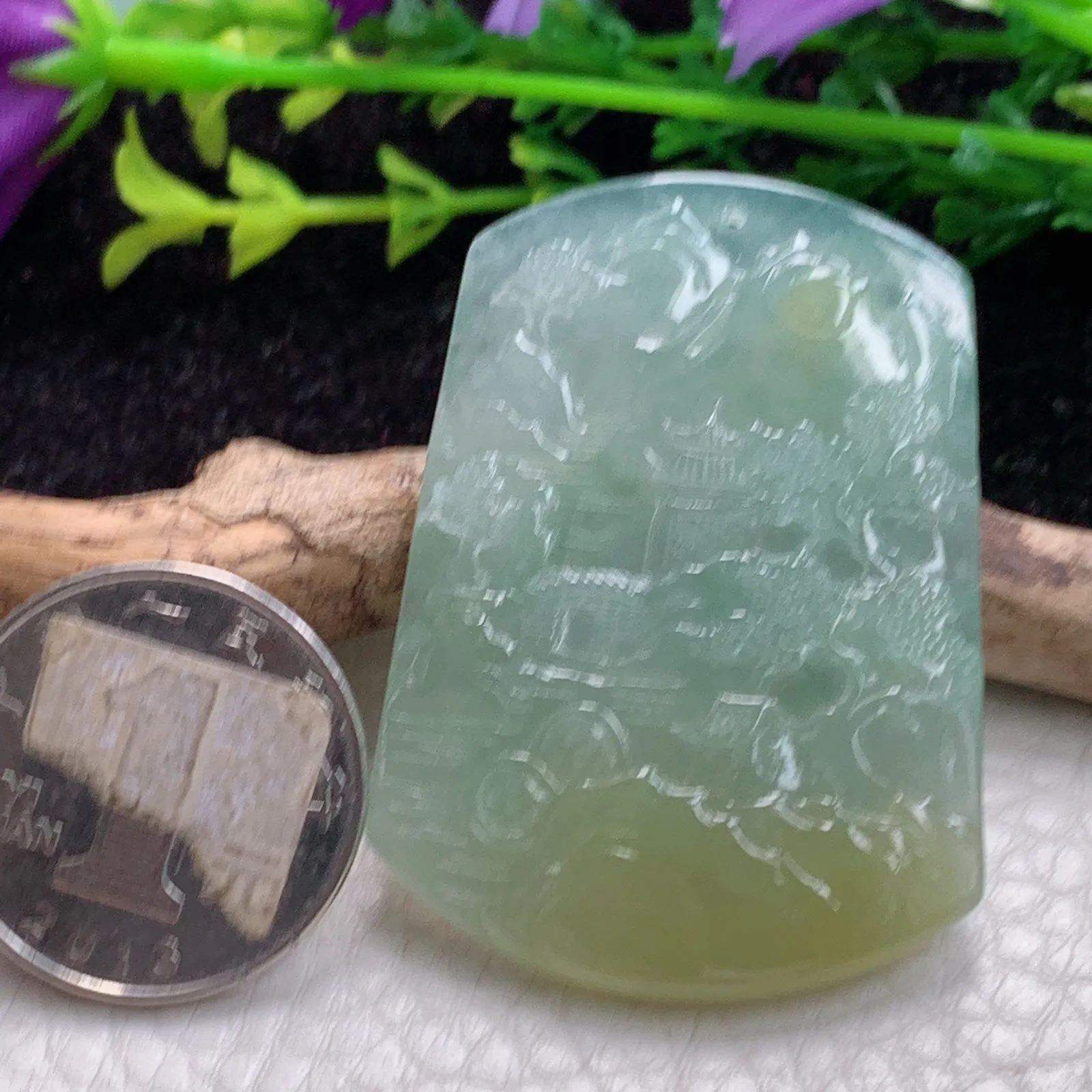 ktj实拍49.8*35.2*5.1缅甸翡翠A货冰胶双彩山水 大好河山玉坠 玉挂件