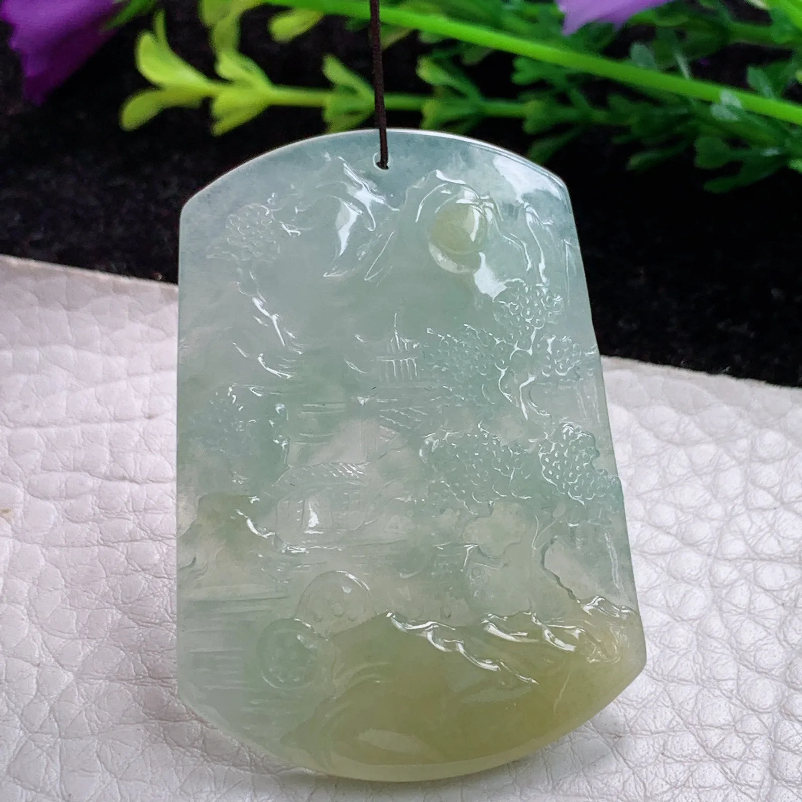 ktj实拍49.8*35.2*5.1缅甸翡翠A货冰胶双彩山水 大好河山玉坠 玉挂件