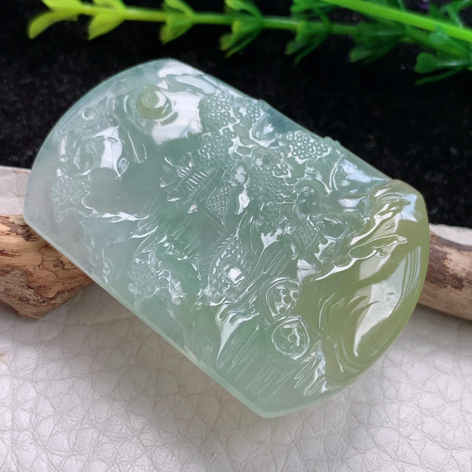 ktj实拍49.8*35.2*5.1缅甸翡翠A货冰胶双彩山水 大好河山玉坠 玉挂件