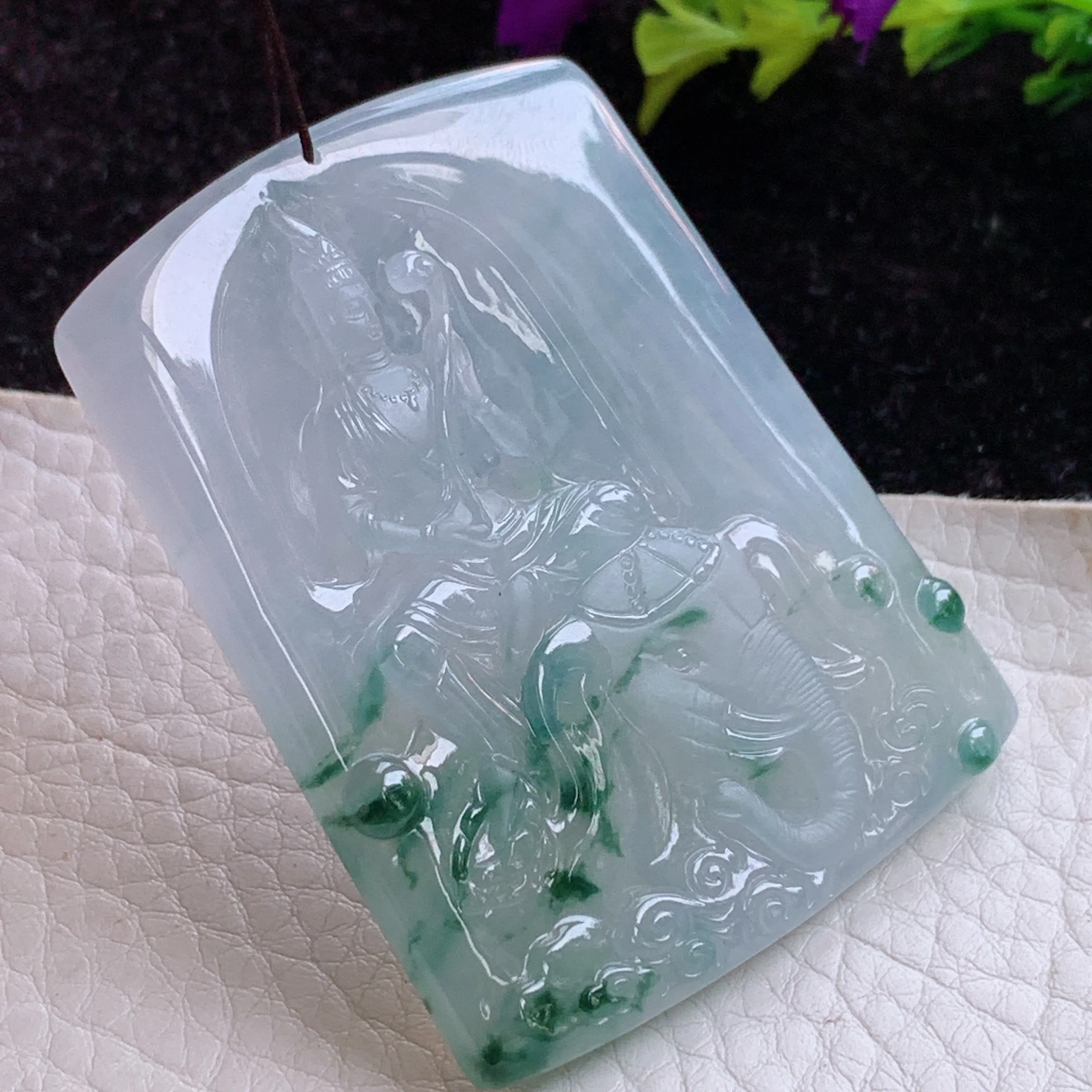 lz实拍55*42.7*5.6缅甸A货翡翠冰飘花普贤菩萨玉坠生肖属牛虎守护神观音玉坠