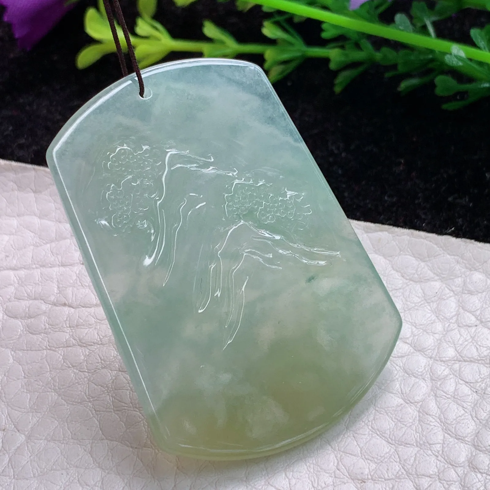 ktj实拍49.8*35.2*5.1缅甸翡翠A货冰胶双彩山水 大好河山玉坠 玉挂件