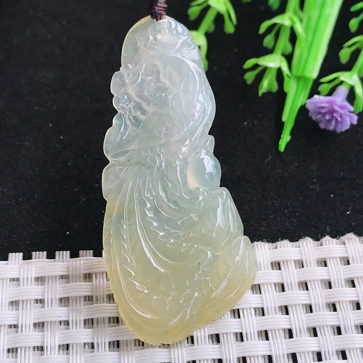 自然光老坑冰胶水灵黄翡凤牌吊坠尺寸55/25/5.2