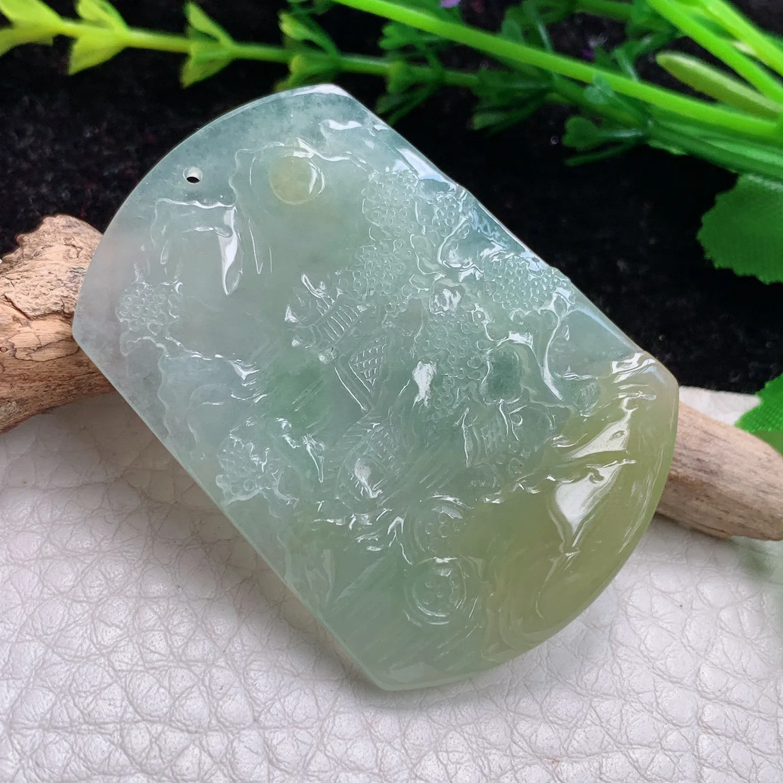 ktj实拍49.8*35.2*5.1缅甸翡翠A货冰胶双彩山水 大好河山玉坠 玉挂件