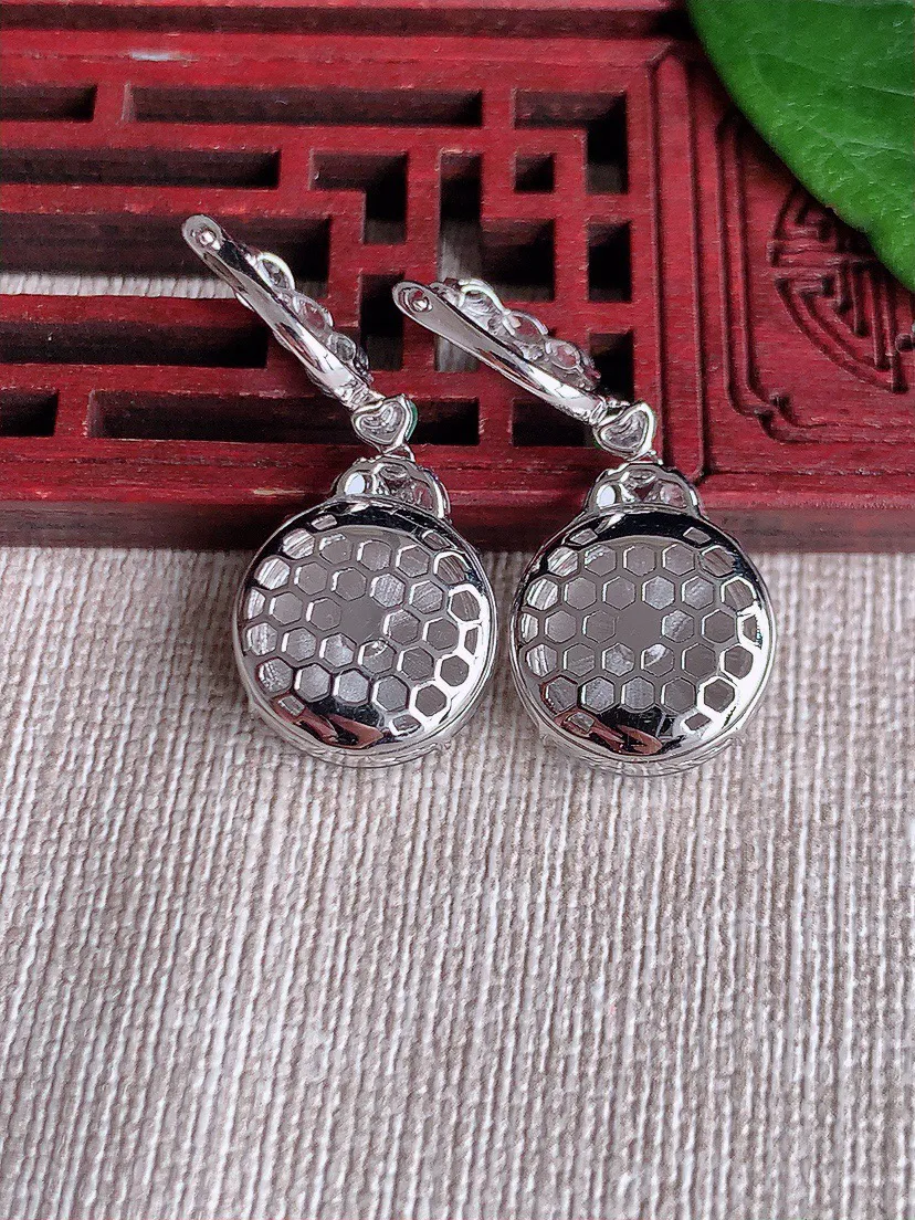 缅甸a货翡翠ddj老坑玻璃种18K金镶嵌白月光平安扣耳坠 整体14.2×6.6mm 7.60