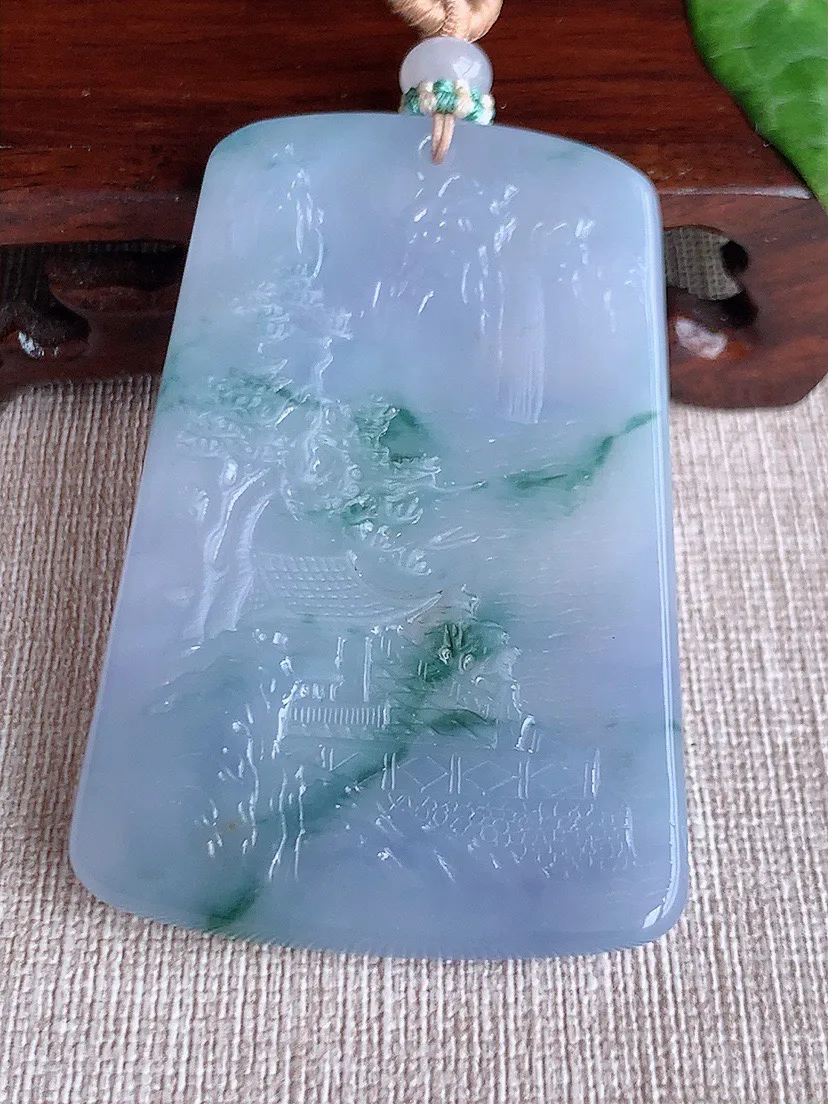缅甸a货翡翠ddj老坑冰润紫罗兰飘花意境山水牌吊坠  整体63×43×5.3mm 43.32