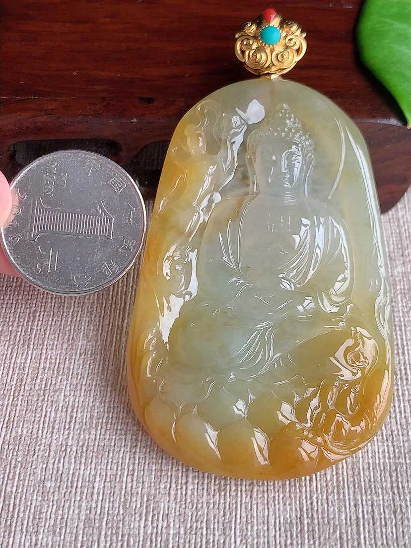缅甸a货翡翠ddj老坑冰种18K金镶嵌黄翡大日如来吊坠 整体81×67.4×42.5×6mm 42.12