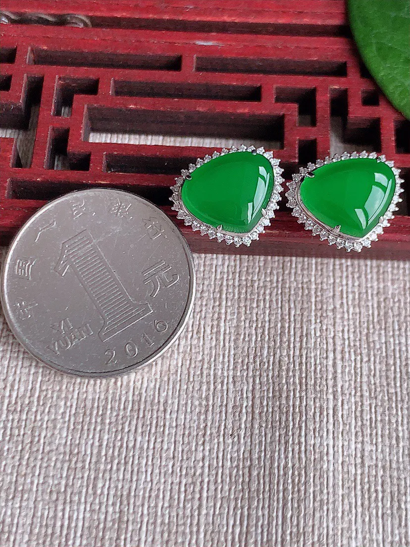 缅甸a货翡翠ddj老坑冰种18K金镶嵌满绿水滴耳钉 整体10×11.5mm 3.32
