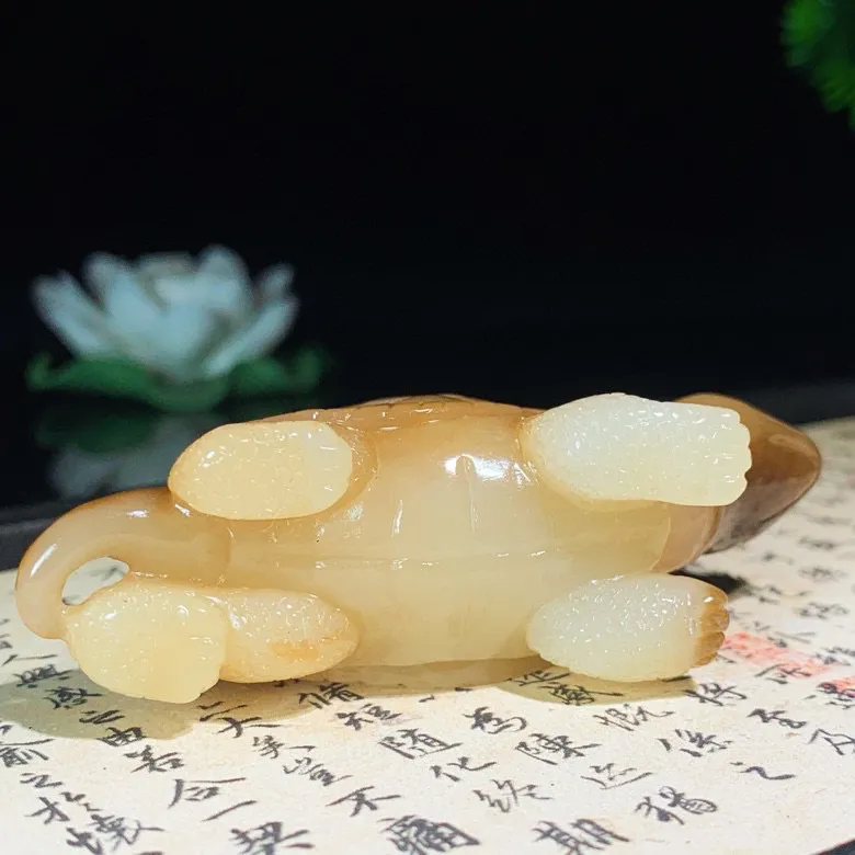 新疆且末糖龙龟富贵长寿把件。尺寸71/30/25重65.8克。玉质细腻油润。手推出油。品相大气。 lt250513
