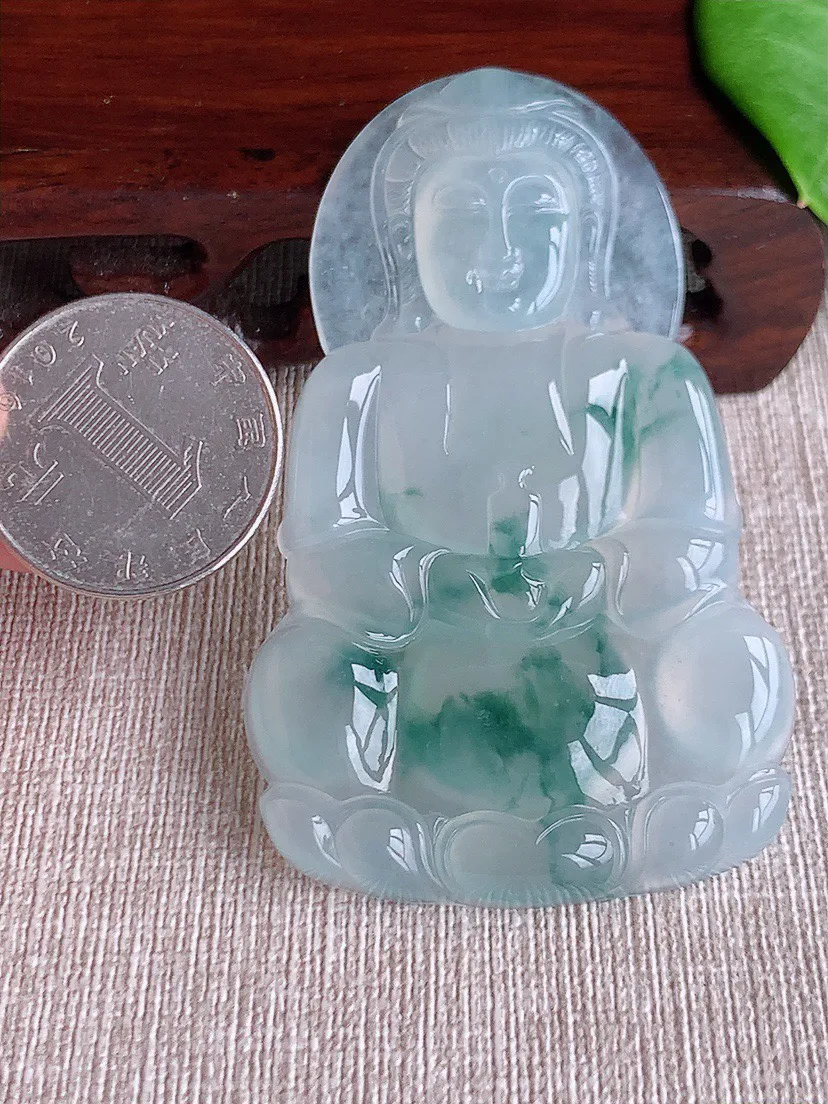 缅甸a货翡翠ddj老坑冰种飘花大正装观音吊坠 整体70.8×43×6.2mm 36.70