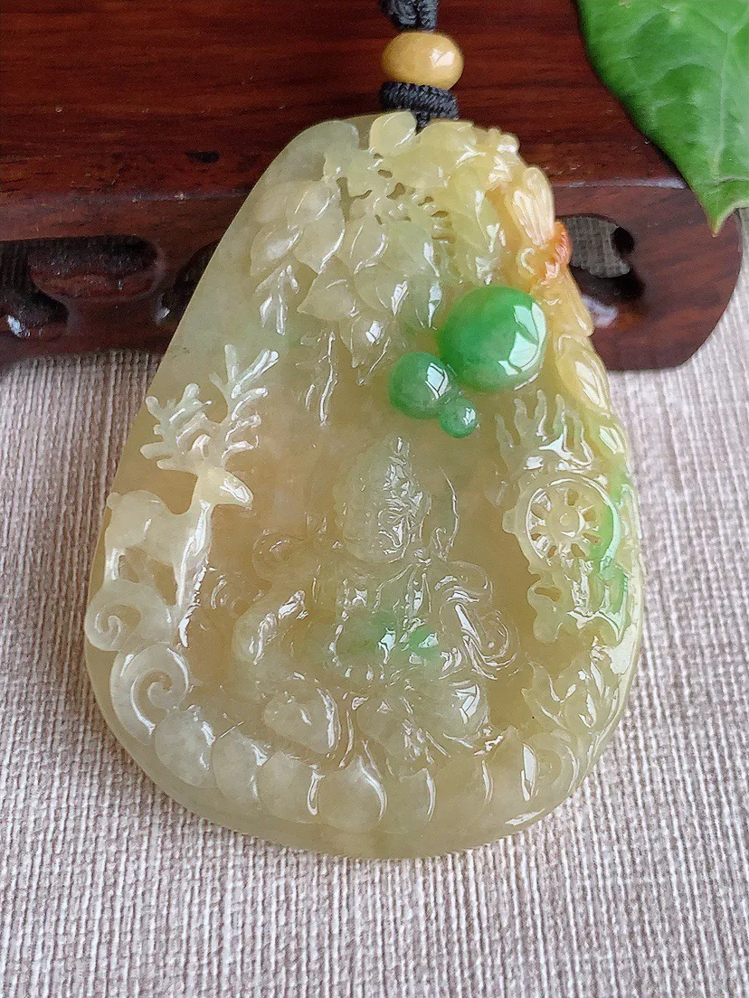缅甸a货翡翠ddj老坑冰种黄加绿双彩黄财神吊坠 整体64.8×45.3×8mm 46.75