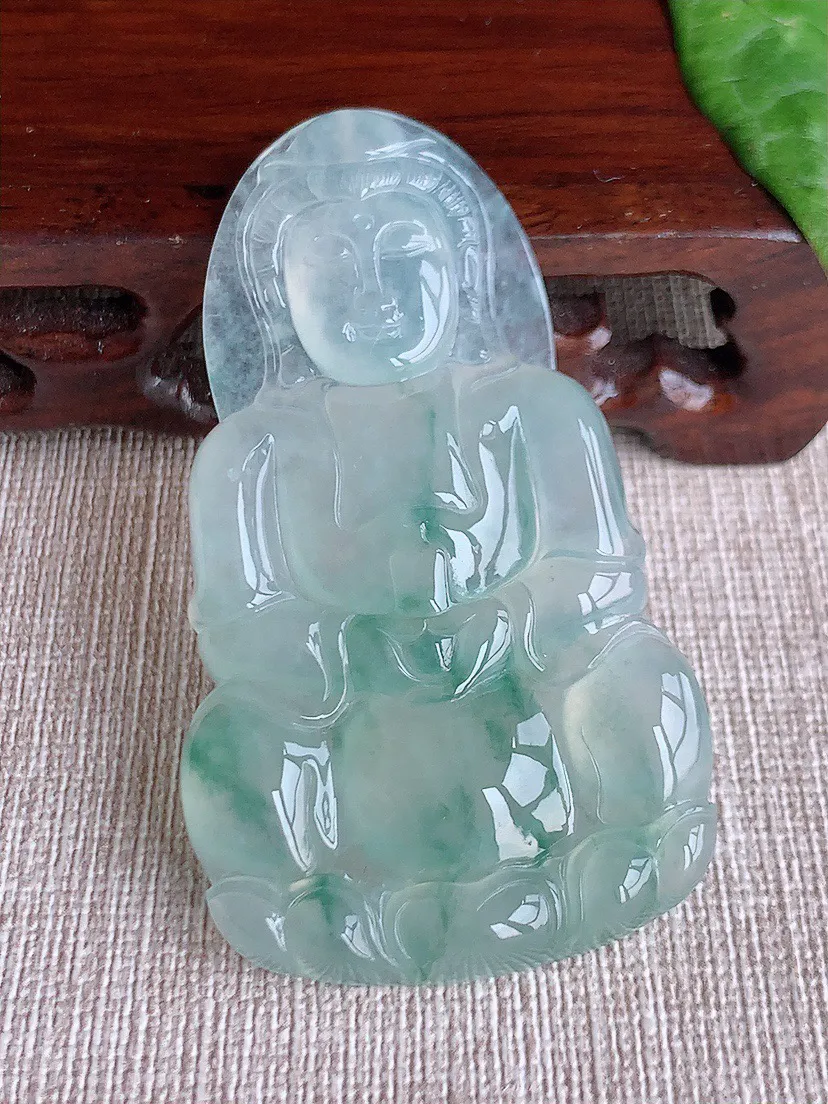 缅甸a货翡翠ddj老坑冰种飘花正装观音吊坠 整体62×35.5×5.7mm 24.33