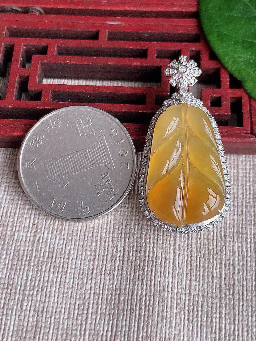 缅甸a货翡翠ddj老坑冰种18K金镶嵌黄翡叶子金枝玉叶吊坠 整体37.3×17.4×8裸石24.5×15.5mm 5.97