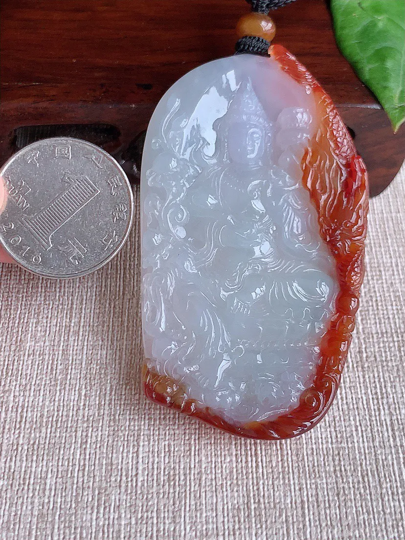 缅甸a货翡翠ddj老坑冰种飘红翡大势至菩萨吊坠  整体68.6×39.7×5.7mm 41.76