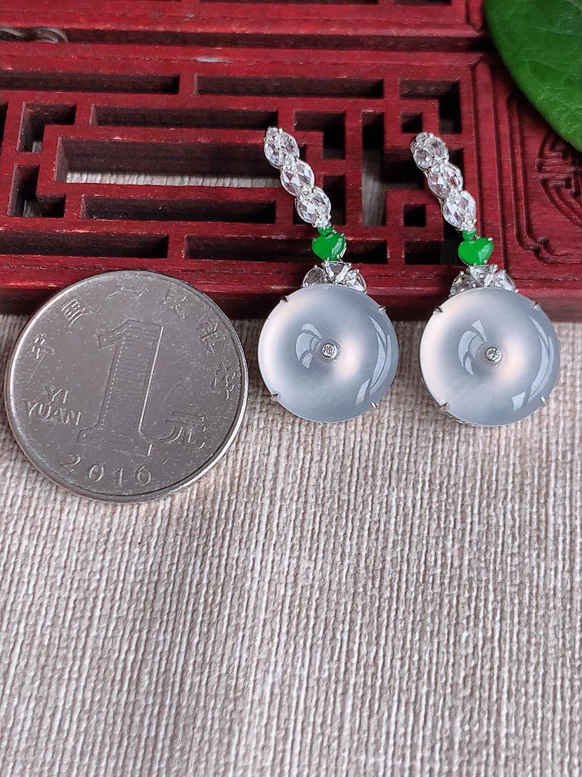 缅甸a货翡翠ddj老坑玻璃种18K金镶嵌白月光平安扣耳坠 整体14.2×6.6mm 7.60