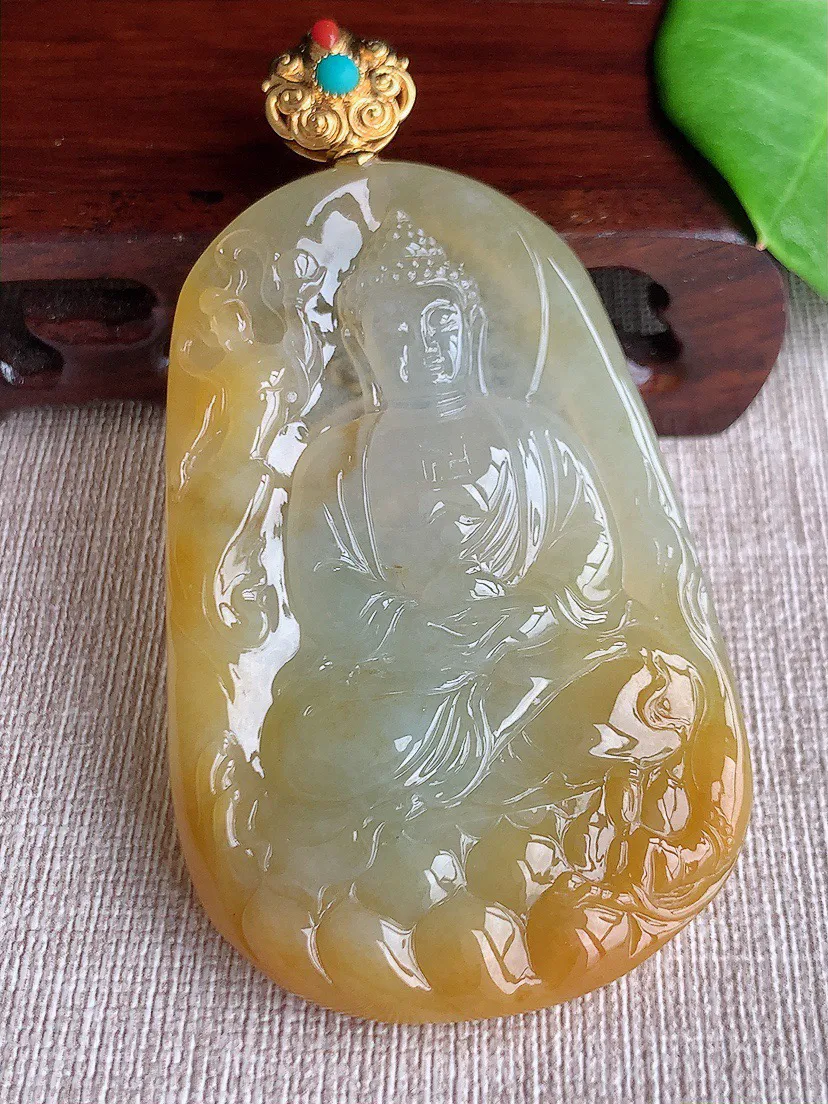 缅甸a货翡翠ddj老坑冰种18K金镶嵌黄翡大日如来吊坠 整体81×67.4×42.5×6mm 42.