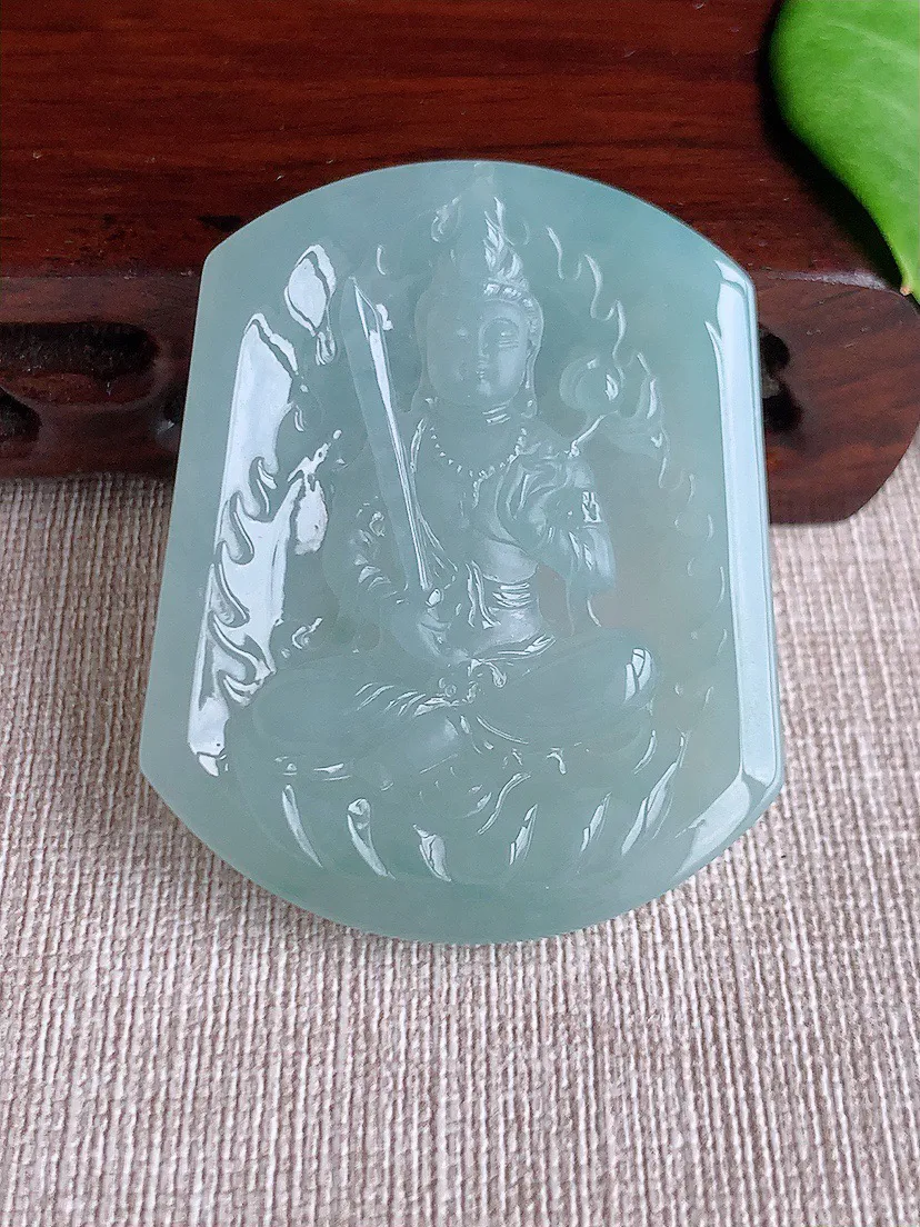 缅甸a货翡翠ddj老坑冰种晴水一刀切虚空藏菩萨吊坠 整体51.2×41.2×5.6mm 27.30