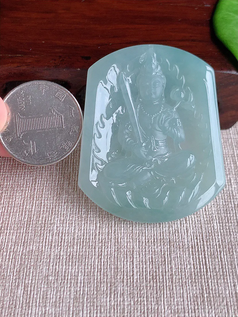 缅甸a货翡翠ddj老坑冰种晴水一刀切虚空藏菩萨吊坠 整体51.2×41.2×5.6mm 27.30