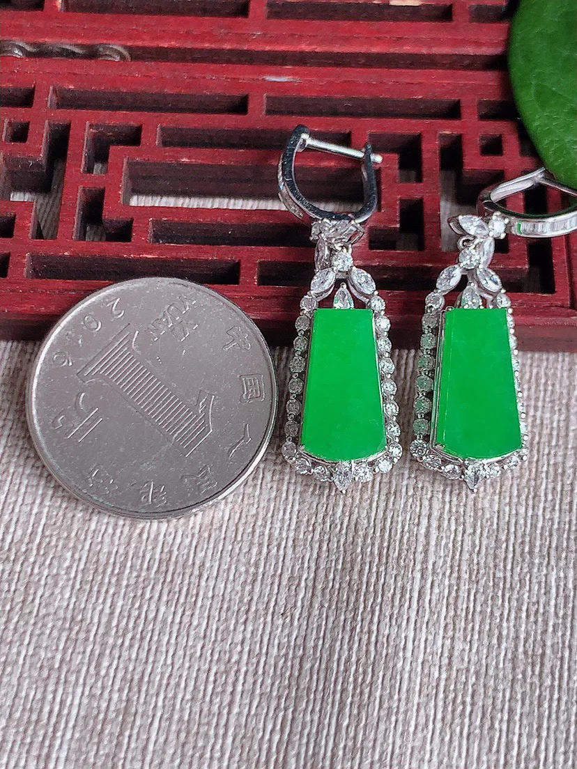 缅甸a货翡翠ddj老坑冰种18K金镶嵌阳绿无事牌耳坠  整体14×7×8mm 7.78