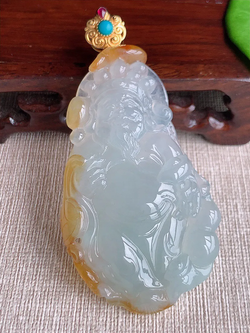 缅甸a货翡翠ddj老坑冰种18K金镶嵌飘黄翡财神爷吊坠 整体75×63.2×36.5×8.5mm 3