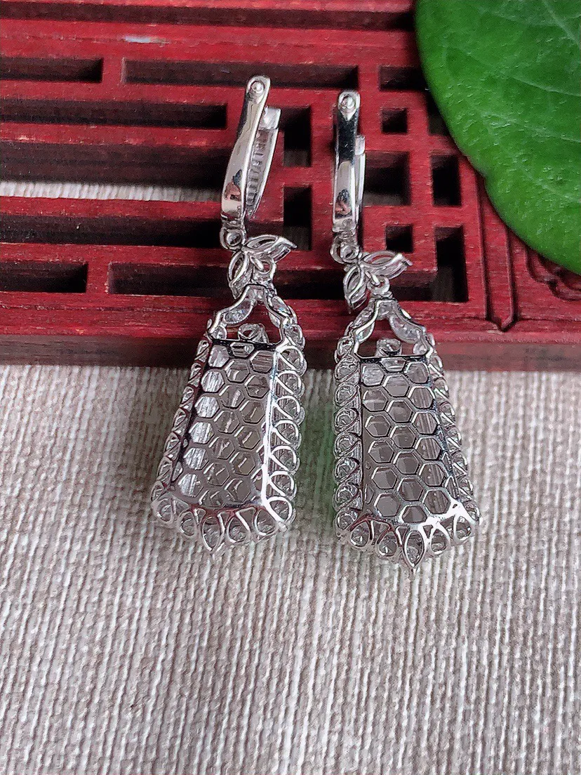 缅甸a货翡翠ddj老坑冰种18K金镶嵌阳绿无事牌耳坠  整体14×7×8mm 7.78
