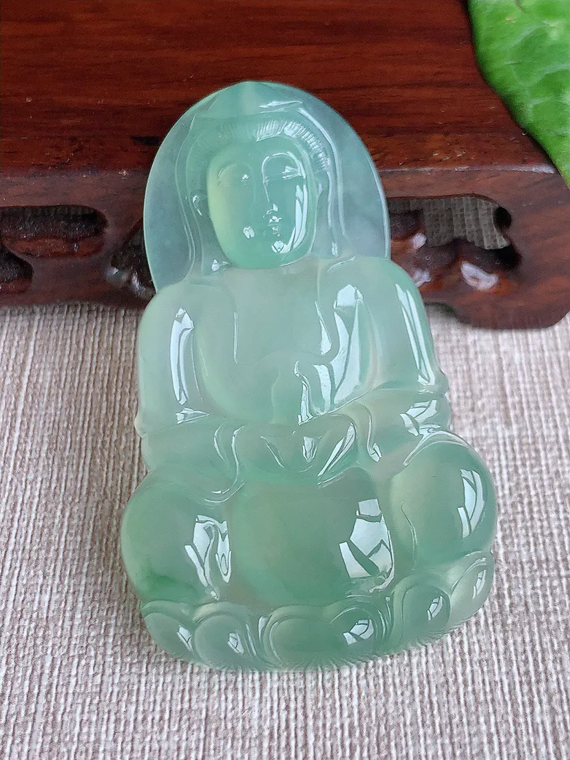 缅甸a货翡翠ddj老坑冰种晴水正装观音吊坠 整体60.8×37×5.8mm 23.28
