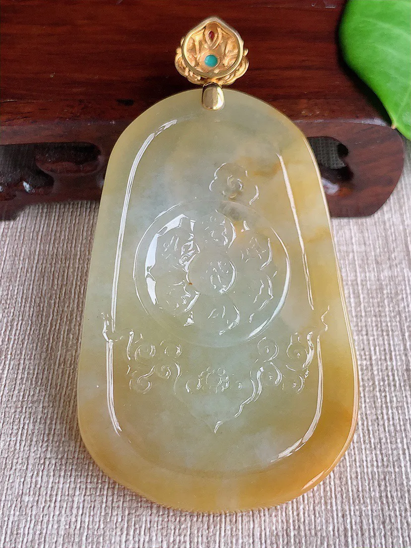缅甸a货翡翠ddj老坑冰种18K金镶嵌黄翡大日如来吊坠 整体81×67.4×42.5×6mm 42.12
