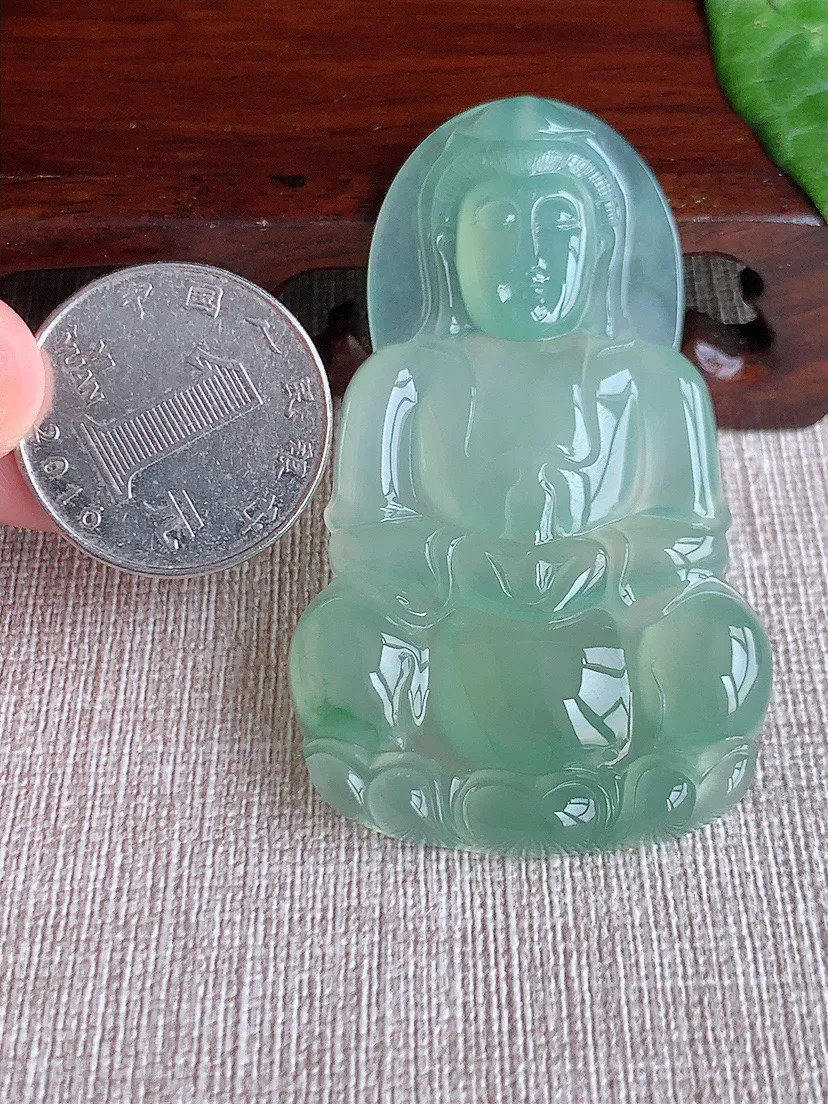 缅甸a货翡翠ddj老坑冰种晴水正装观音吊坠 整体60.8×37×5.8mm 23.28